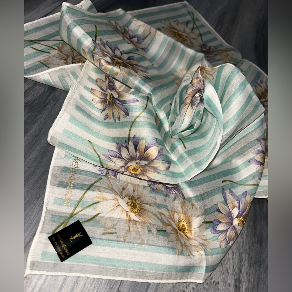Yves Saint Laurent Vintage Mint & White Striped Floral Cotton Handkerchief Scarf - Picture 9 of 12